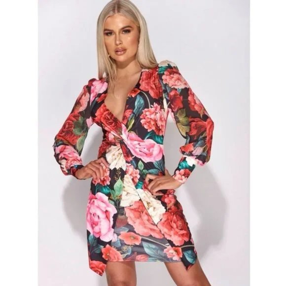 Dresses & Skirts - Black Floral Print Long Sleeve V-Neck Bodycon Mini Dress